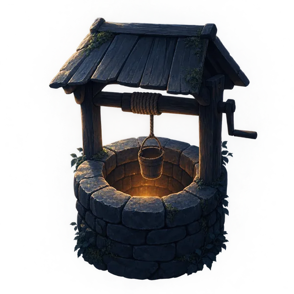 A stone well glowing softly at night